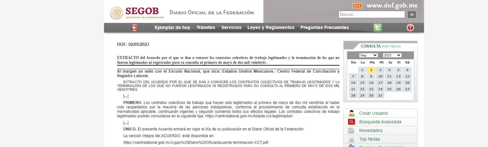 Encabezado web del Diario Oficial de la Federación