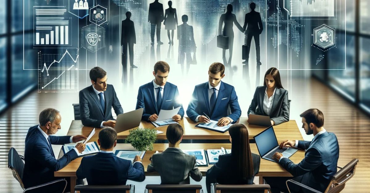 Equipo de profesionales colaborando en un entorno corporativo moderno, lo cual representa de manera visual la importancia de la debida diligencia y la gestión de riesgos en las empresas.