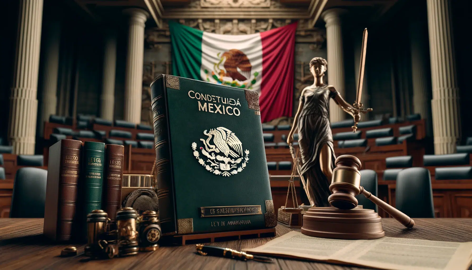 una imagen que captura un ambiente solemne y autoritario en un tribunal, reflejando la importancia de la Ley de Amparo en el sistema legal mexicano. La imagen muestra símbolos relacionados con esta ley y la Constitución de México.