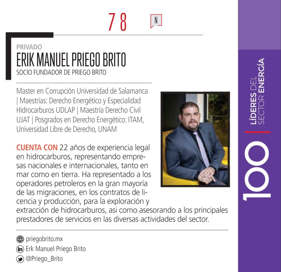Recorte de revista de Erik Manuel Priego Brito en la revista digital 100 líderes del sector energético