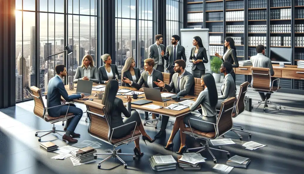 Arte digital realista que representa a un grupo diverso de empleados que discuten cuestiones laborales legales en un entorno corporativo.