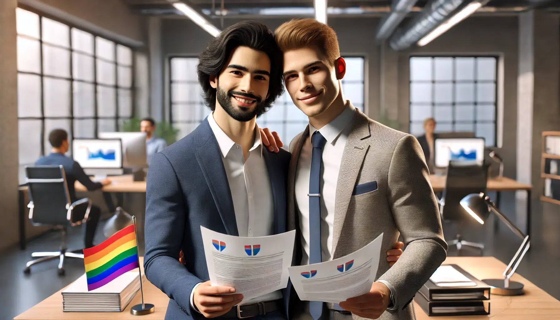 Una foto altamente realista de una pareja del mismo sexo, uno hispano y otro caucásico, sonriendo y sosteniendo documentos en un entorno de oficina moderna e inclusiva con una pequeña bandera arcoíris en el escritorio. El fondo muestra un entorno de oficina brillante y profesional.